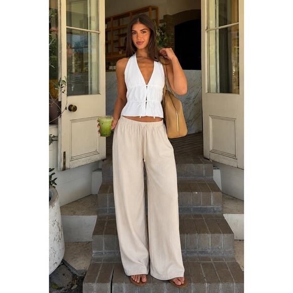 Vanilla Star Pants - Vanilla Star Linen Blend Wide Leg Pull On Pants Beige Womens Small Casual